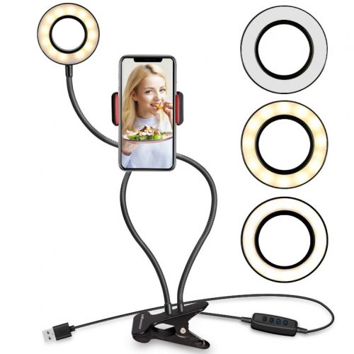 Selfie Ring Light with Cell Phone Holder Stand for Live Stream/Makeup, UBeesize LED Camera Lighting [3-Light Mode] [10-Level Brightness] with Flexible Arms Compatible with iPhone 8 7 6 Plus X Android