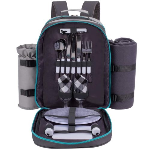 ALLCAMP 2 Person Picnic Backpack Set | Detachable Wine Insulated Cooler Basket Bag with Complete Tableware Set, Waterproof Fleece Blanket (Grey)