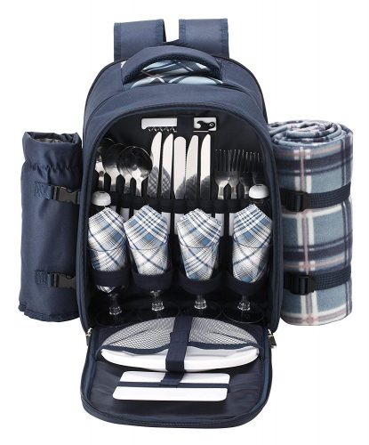 VonShef - 4 Person Blue Tartan Picnic Backpack Bag with Cooler Compartment, Detachable Bottle/Wine Holder, Fleece Blanket, Flatware, and Plates