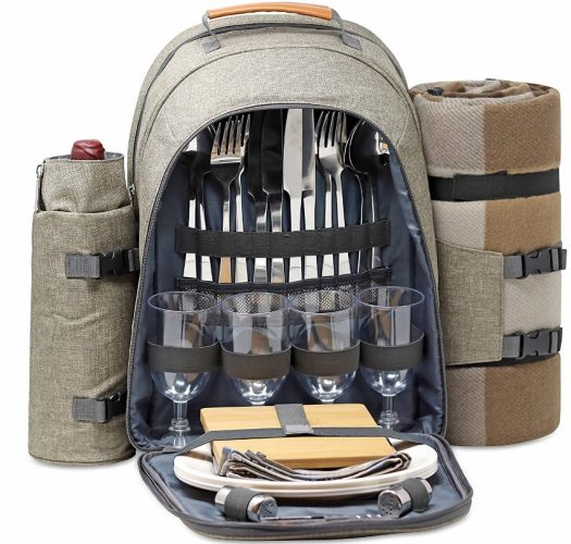 One Earth Home 4 Person Picnic Backpack with Solid Stainless Steel Utensils, Oversized Water Resistant Fleece Blanket, Cooler Compartment, Detachable Wine Bottle Holder in a Modern Designed Backpack