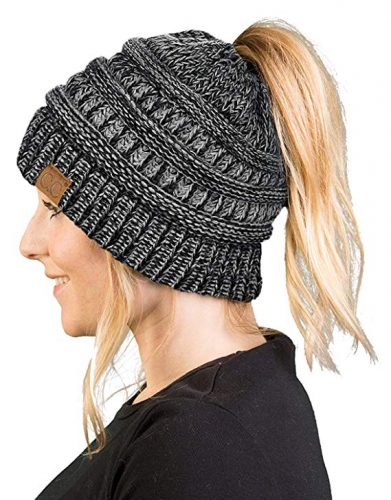 Funky Junque Women's Beanie Ponytail Messy Bun BeanieTail Multi Color Ribbed Hat Cap