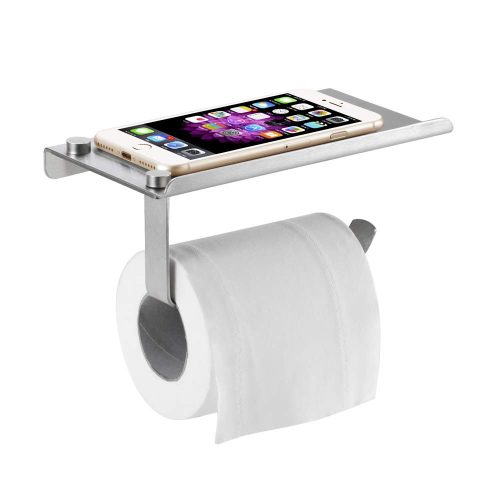 Bosszi Wall Mount Toilet Paper Holder, SUS304 Stainless Steel Bathroom Tissue Holder with Mobile Phone Storage Shelf, Brushed Aluminum