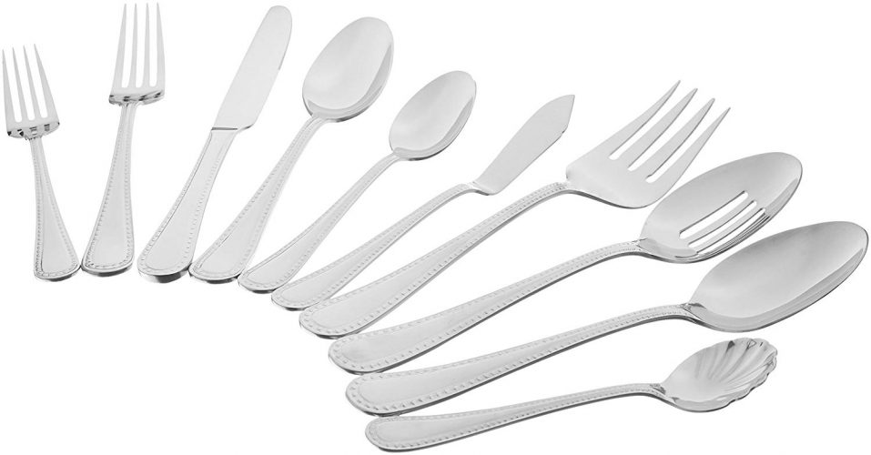 AmazonBasics 65-Piece Stainless Steel Flatware Set with Pearled Edge, Service for 12