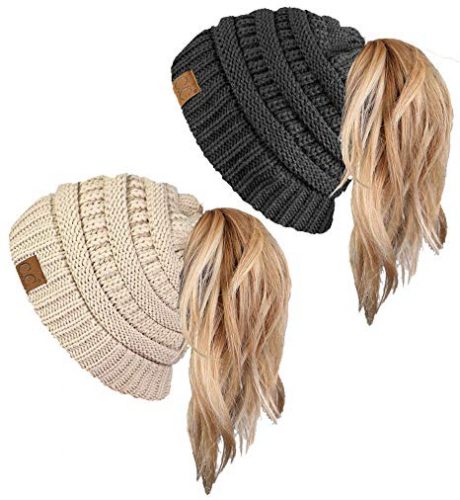 Funky Junque CC Ponytail Messy Bun Beanie Tail Womens Beanie Solid Ribbed Hat Cap