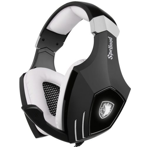 USB Gaming Headset-SADES A60/OMG Computer Over-Ear Stereo Headphones with Microphone Noise Isolating Volume Control LED Light (Black+White) for PC & MAC