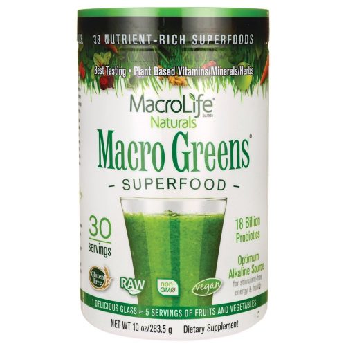 Macro Greens Superfood - 18 Billion Non-Dairy Probiotic Cultures - Raw Green Superfood With Concentrated Polyphenols - Certified Organic Barley Grass Powder - 5+