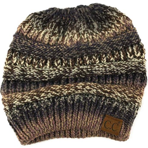 CC Ponytail Messy Bun BeanieTail Soft Winter Knit Stretchy Beanie Hat Cap Black Gray Mix