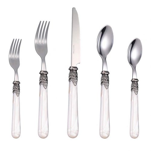 Stainless Steel Silverware Set - 40-Piece Royal Flatware Set with White Pearl Handle, Vintage Cutlery Set Including 8 Steak Knives, 16 Forks, 16 Spoons, FDA Certified, Mirror Polished, Service For 8