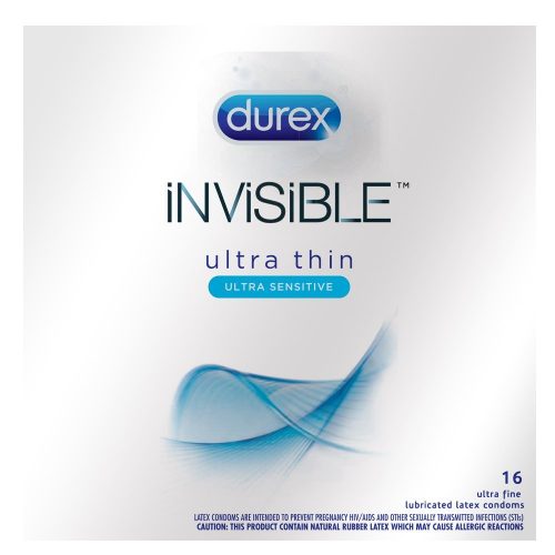 Durex Condom Invisible, 16 Count, Ultra Thin Lubricated, Natural Latex Condoms, Durex's Thinnest Condom for men
