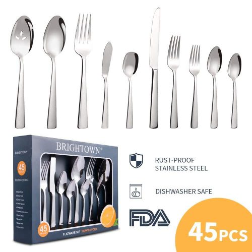 Brightown 45-Piece Silverware Flatware Cutlery Set in Ergonomic Design Size and Weight, Durable Stainless Steel Tableware Service for 8, Dishwasher Safe