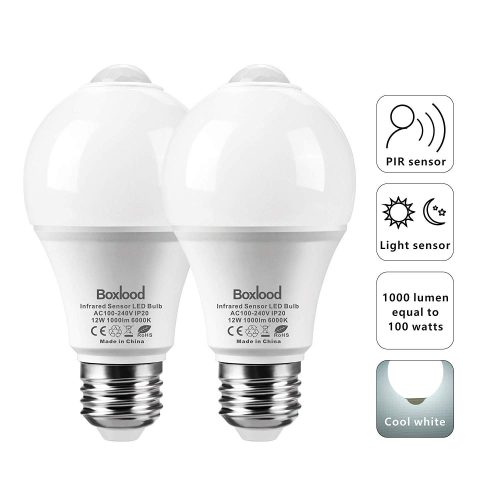 12W Motion Sensor Light Bulb, Auto On/Off, Dusk Till Dawn A19 LED Bulbs, E26/120V/6000K/1000LM for Indoor/Outdoor Garage Stairs Hallway by Boxlood(2Pack)