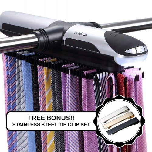 Primode Motorized Tie Rack with LED Lights - Bonus Stainless Steel Tie Clip Set - Stores Up To 72 Ties with 8 Belts, Rotation Operates With Batteries, Includes J Hooks for Wire Shelving