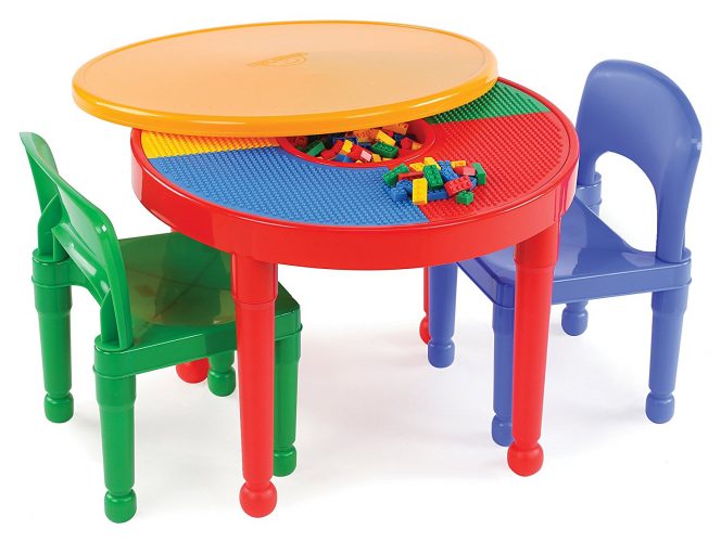 Tot Tutors Kids 2-in-1 Plastic Building Blocks-Compatible Activity Table and 2 Chairs Set, Round, Primary Colors