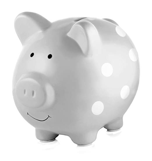 Pearhead Ceramic Piggy Bank, Makes a Perfect and Unique Gift for Your Modern Baby or a Modern Nursery, Gray With White Polka Dots