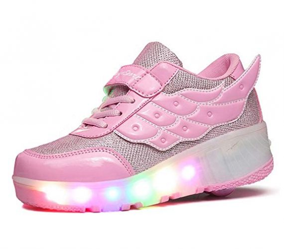 FOUPLER Boy Girl's LED Light Up Roller Skate Shoes Wheels Wings Outdoor(Little Kid/Big Kid) Pink