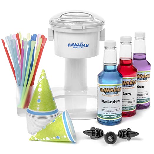 S700 Snow Cone Machine, 25 Snow Cone Cups, 25 Spoon Straws, Black Bottle Pourers | Snow Cone Machine and Syrup Party Package by Hawaiian Shaved Ice | Kit Features Top 3 Snow Cone Syrups