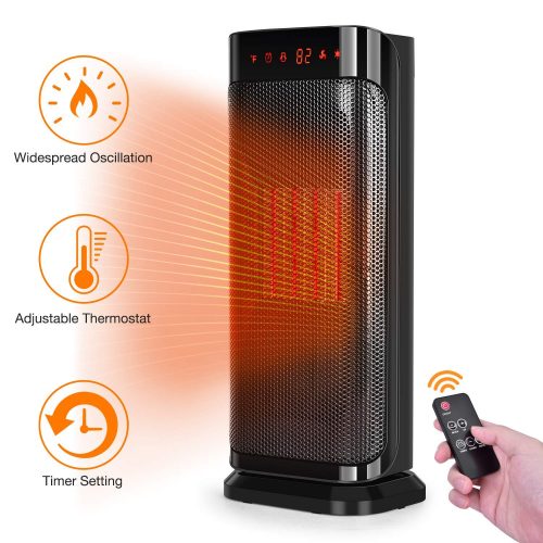Trustee Electric Space Heater, 750W 1500W Fast Heating Portable Oscillating Ceramic Tower Heater for Office Home Use, with Remote Control, Auto Shut, Vertical, Black