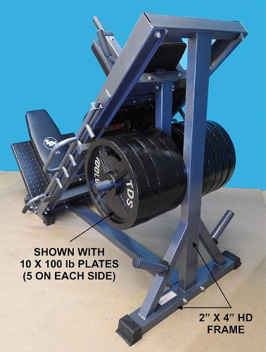4-Way Hip Sled to use as Leg Press, Hack Squat, Forward Thrust, Calf Raise to give a Full Lower Body Workout Unit has DLX. Pads, Wide Adj. Deck Plates, 8 Wheels for Flawless Movement