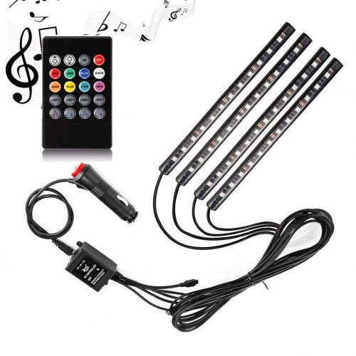 Adecorty Car LED Strip Light, 4pcs 48 LED DC 12V Multicolor Music Car Interior Light LED Under Dash Lighting Kit with Sound Active Function and Wireless Remote Control, Car Charger Included