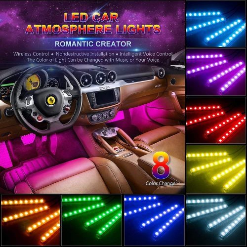 Car LED Strip Light, Wsiiroon 4pcs 48 LED Multicolor Music Car Interior Lights Under Dash Lighting Waterproof Kit with Sound Active Function and Wireless Remote Control, Car Charger Included, DC 12V