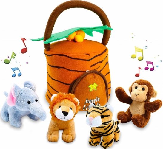 KLEEGER Plush Talking Jungle Animals Toy Set (5 Pcs - Plays Sounds) with Carrier for Kids | Stuffed Monkey, Lion, Tiger & Elephant | Great Baby Shower Gift for Boys & Girls