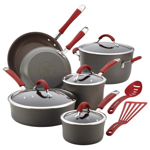 Rachael Ray Cucina Hard-Anodized Aluminum Nonstick Pots and Pans Cookware Set, 12-Piece, Gray, Cranberry Red Handles