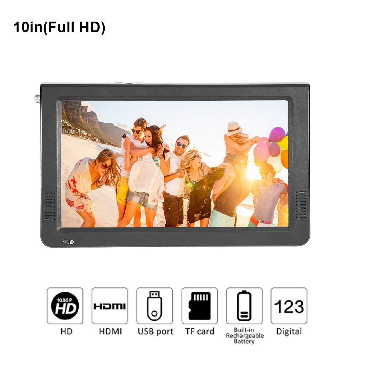 10 inch Portable Digital Television, Small 16:9 ATSC 1080P HD HDMI Video Player TFT LED TV Built-in Rechargeable Battery Support USB and TF Card for Car, Caravan, Camping, Outdoor or Kitchen