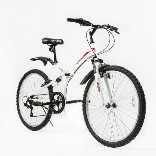 ZOYO 26” Folding Mountain Bike Foldable Hybrid 7 Speeds & Full Suspension for Adults Commuter Mountain Bike, Black/White