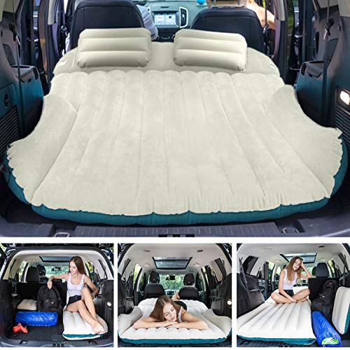 WEY&FLY SUV Air Mattress with 2 Inflatable Pillows Car Air Mattress Travel Inflatable Mattress Camping Air Bed Dedicated Mobile Cushion Extended Outdoor for SUV Back Seat 4 Air Bags (Blue and Beige)