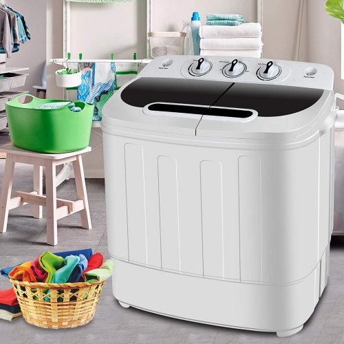 SUPER DEAL Portable Compact Mini Twin Tub Washing Machine w/Wash and Spin Cycle, Built-in Gravity Drain, 13lbs Capacity For Camping, Apartments, Dorms, College Rooms, RV's, Delicates and more