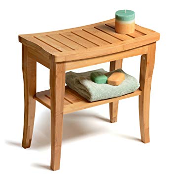 Bamboo Shower Stool Bench with Storage Shelf, Deluxe Wooden Shower Spa Chair Seat Bench for Indoor or Outdoor, Perfect Home Decor Gift Idea.