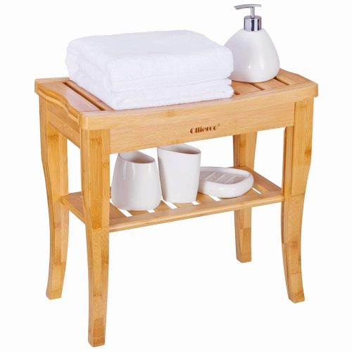 Ollieroo Bamboo Shower Bench Seat Wooden Spa Bench Stool with Storage Shelf, Bath Seat Bench Stool Bath & Shower Transfer Benches