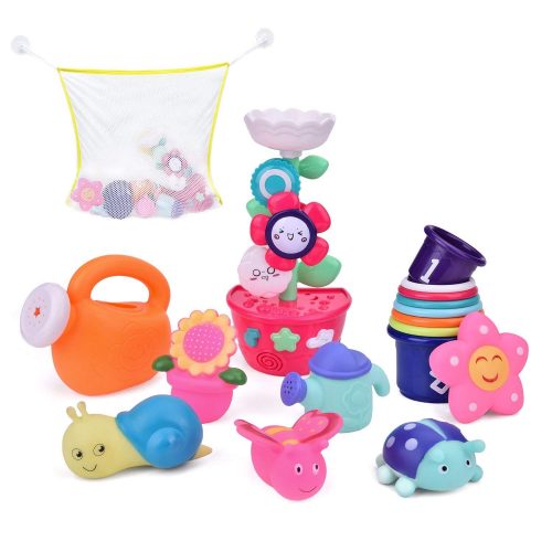 9 PCs Bath Toys Toddlers, Flower Waterfall Water Station Garden Squirter Toys, Stacking Cups Watering Can, Bath Toy Organizer Included Gift for Kids