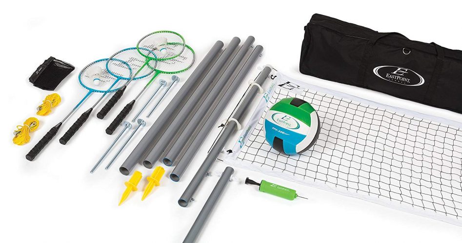 EastPoint Sports Deluxe Volleyball Badminton Net Set - Features Weather Proof Material and a Full Set Storage Bag - Includes 1 Volleyball, 4 Badminton Rackets, and 2 Badminton Shuttlecocks