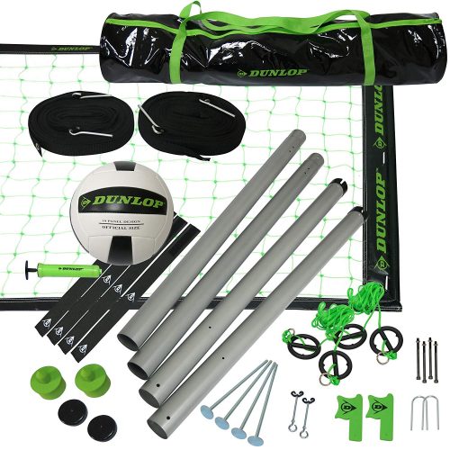 DUNLOP Outdoor Sports Volleyball Set: Portable Net with Poles, Ball & Air Pump - Equipment for Backyard Party Games - Adjustable Height for Adults or Kids