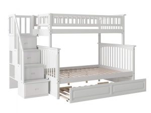 Atlantic Furniture AB55732 Columbia Staircase Bunk Bed with Raised Panel Trundle Bed, Twin/Full, White