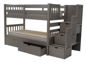  Bedz King Stairway Bunk Beds Twin over Twin with 3 Drawers in the Steps and 2 Under Bed Drawers, Gray