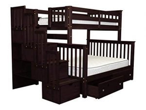 Bedz King Stairway Bunk Beds Twin over Full with 4 Drawers in the Steps and 2 Under Bed Drawers, Cappuccino