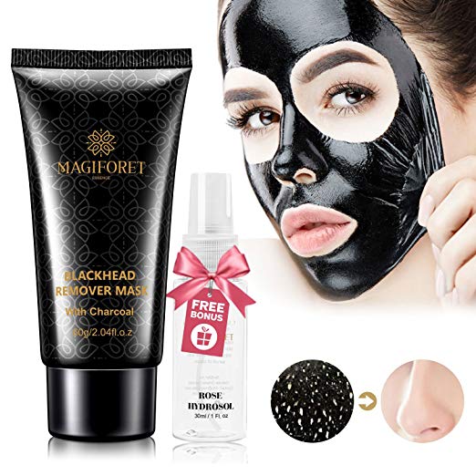 Black Mask, Charcoal Peel Off Mask, Off Mask, Blackhead Remover Mask, MagiForet Purifying Peel-off Mask Deep Cleansing Activated Charcoal Face Mask Treatment Oil Control 60g Rosewater Spray 30ml
