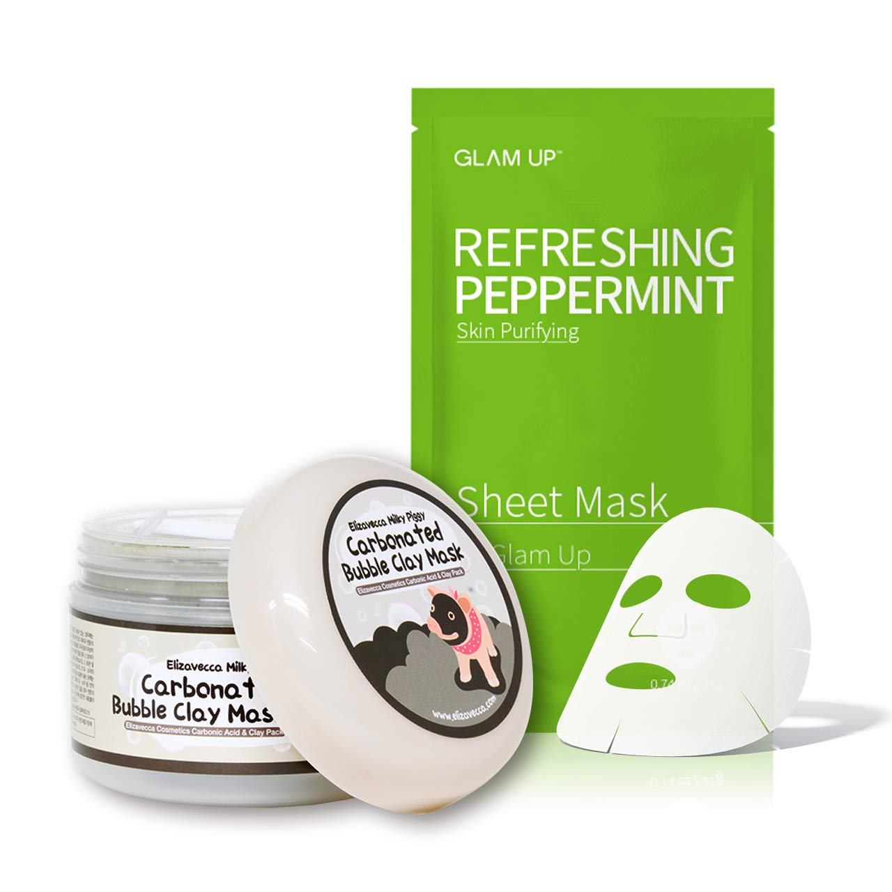 Elizavecca Milky Piggy Carbonated Bubble Clay Mask - Pore Cleansing & Sheet Mask by Glam Up BTS Refreshing Peppermint - Calming, Refreshing, Purifying, pH Balancing Daily Skin Therapy – SET