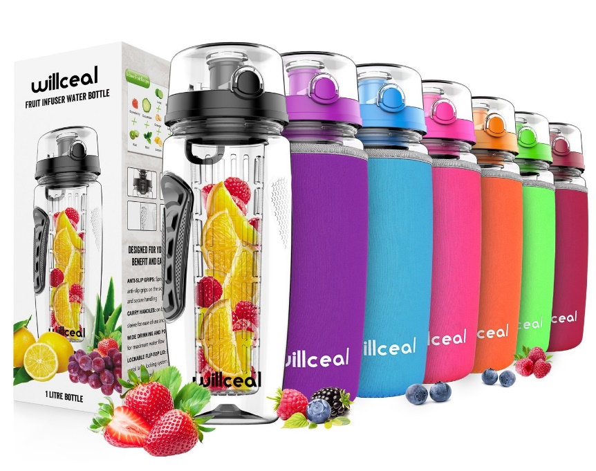 Willceal Fruit Infuser Water Bottle 32oz Durable, Large - BPA Free Tritan, Flip Lid, Leak-Proof Design - Sports, Camping